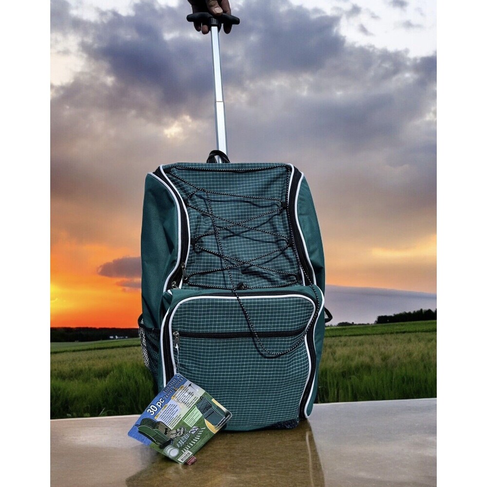 Picnic Essentials 30pc Essential Travel Backpack Plates Green Insulated Cooler